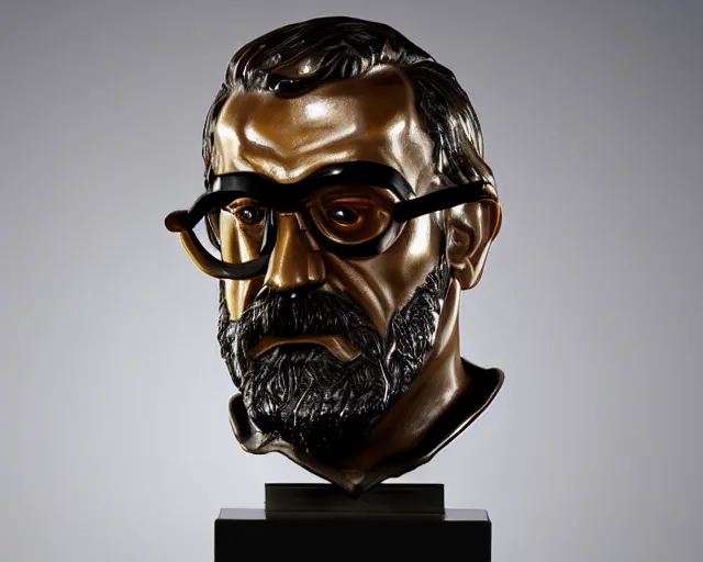 Prompt: A luminous bronze bust of Gordon Freeman.