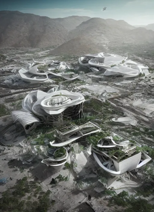 Image similar to bioremediation white mining tailing futuristic architecture in chuquicamata, epic, cinematic, hyperealistic, high detailed, corona render, hdr, ray tracing