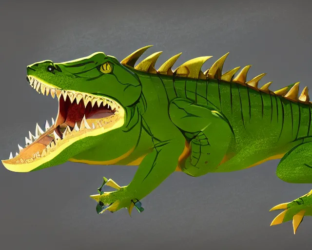 Image similar to sea of thieves animal concept art for a pale yellow - ish green alligator with snarling teeth, cgsociety, trending on artstation, rare ltd,