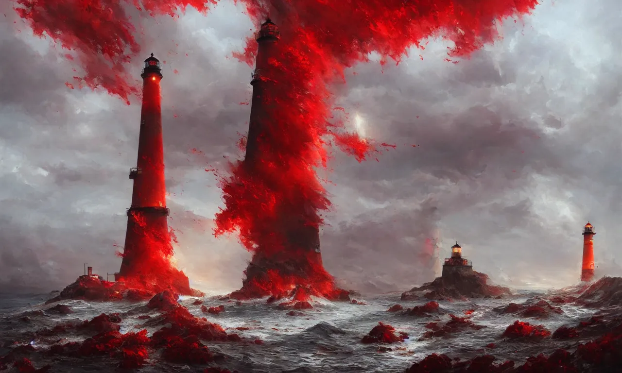 Image similar to a beautiful painting of a lighthouse surrounded by a violent tumultuous sea of red blood by John Blanche and Greg Rutkowski, trending on Artstation, midjourney