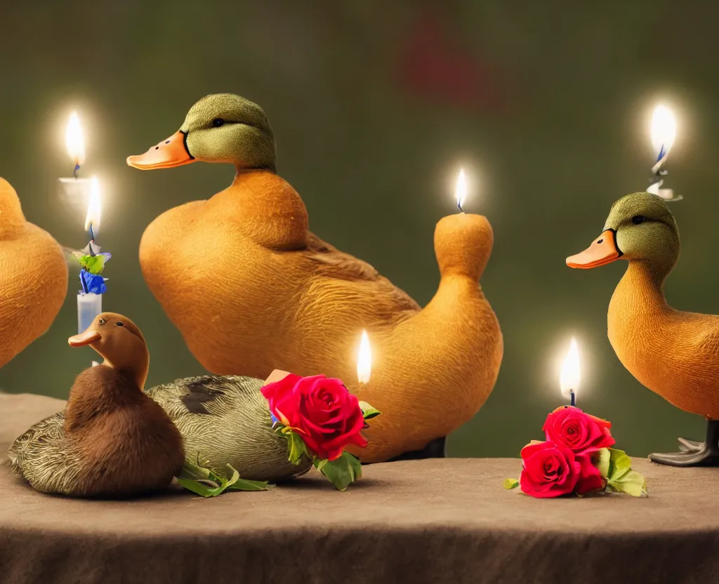 Image similar to two ducks with funny hats on their heads having a romantic dinner with candles champagne petals roses, hyperrealistic, focused, extreme details, masterpiece, 8 k, ultrahd, hd resolution