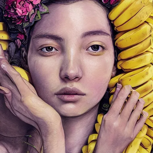 Image similar to the portrait of an absurdly beautiful, graceful, elegant, and wise young woman made of bananas and petals, an ultrafine detailed illustration by kim jung gi, irakli nadar, intricate linework, bright colors, final fantasy, behance contest winner, angular, unreal engine 5 highly rendered, global illumination, radiant light, detailed and intricate environment