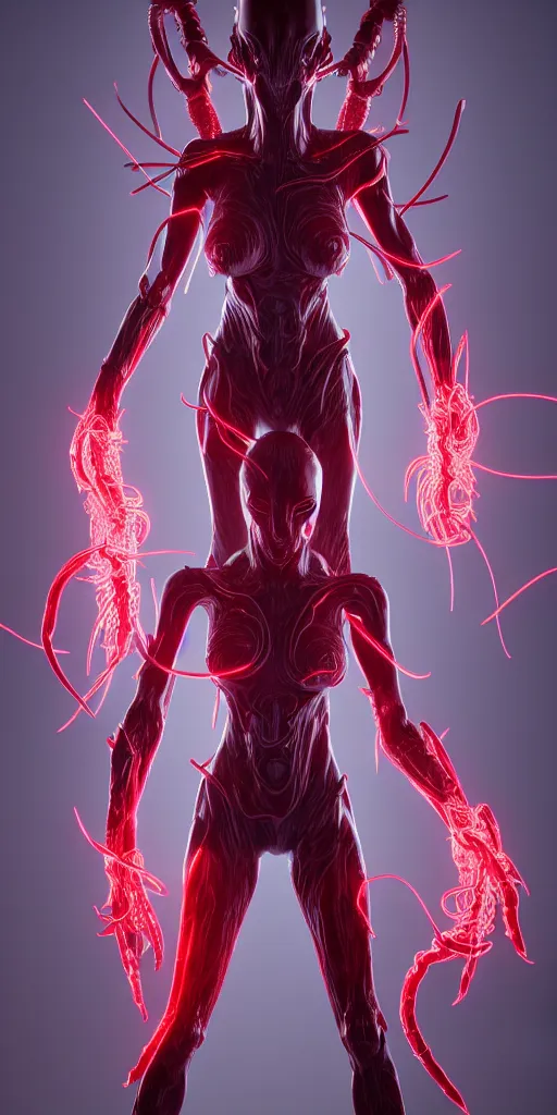 Image similar to stunning symmetric full body character image, woman, predator, Protoss, human, Tsutomu Nihei, 3d octane render, unreal engine, hyper realistic, realistic, white bone armor, soft illumination, human facial features, surrounded in red glowing tendrils of whispy smoke, trending artstation, 4K, insane