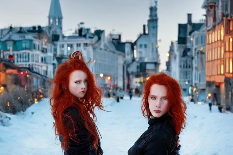 Image similar to hyperrealistic portrait of stunningly beautiful redhead nordic girl, lit by dawn light, busy city on background, trending on artstation,ultrawide angle, f8 , polarizer , unreal engine