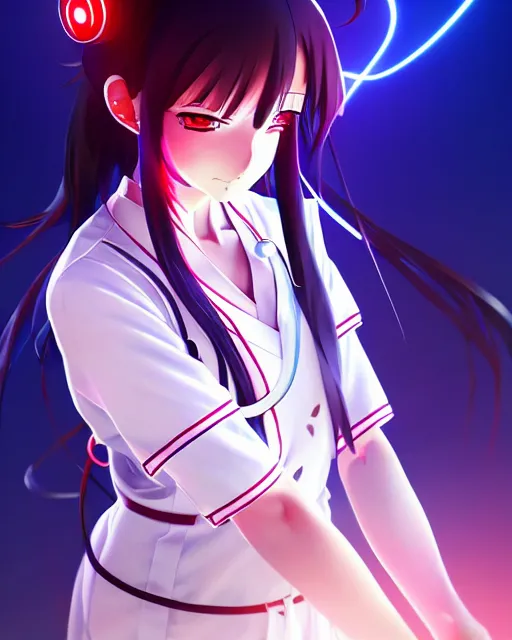 Image similar to anime style, vivid, expressive, full body, 4 k, painting, a cute magical girl with a long wavy black hair wearing a nurse outfit, stunning, realistic light and shadow effects, centered, simple background, studio ghibly makoto shinkai yuji yamaguchi