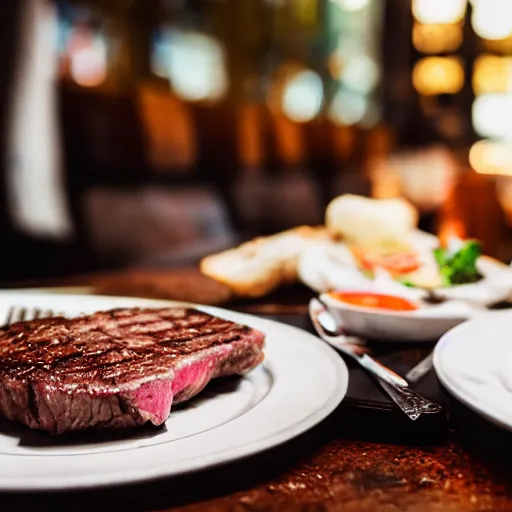 Image similar to photo of cow eating steak at an italian restaurant, 5 0 mm, beautiful photo