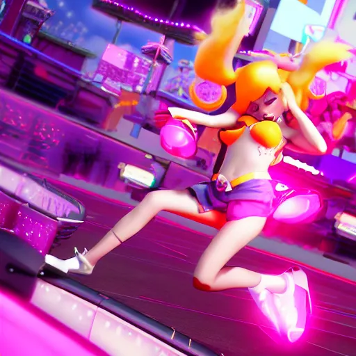 Prompt: a girl like (jinx, Princess peach), dancing, background jet ground radio, kpop, fullshot, raytrayced, octane render,volumetric lighting, epic composition, intricate details, dark neon punk, by KDA