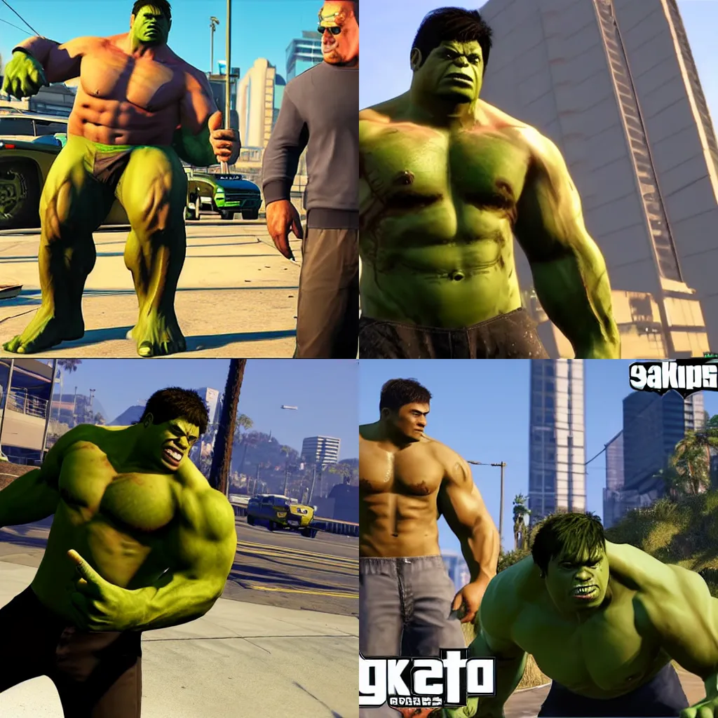 Prompt: Hulk in GTA Online character creation, 4k 10 fps gameplay