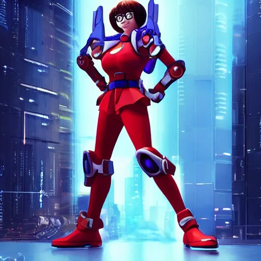 Prompt: Velma from scooby doo as a Gundam, futuristic, giant robot, cyberpunk, high quality, unreal engine 5 render, high quality render, octane render, photo realistic, ultra detail, cinematic lighting, realistic