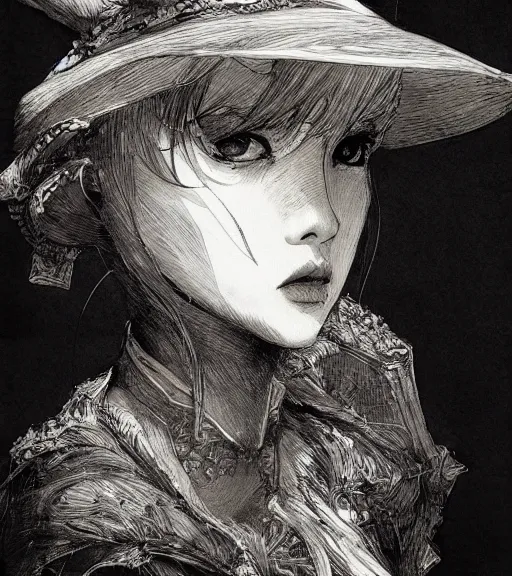 Prompt: portrait of fumo doll wearing witch hat, pen and ink, intricate line drawings, by craig mullins, ruan jia, kentaro miura, greg rutkowski, loundraw