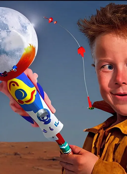 Image similar to big headed child elon mask on mars holding a small toy rocket