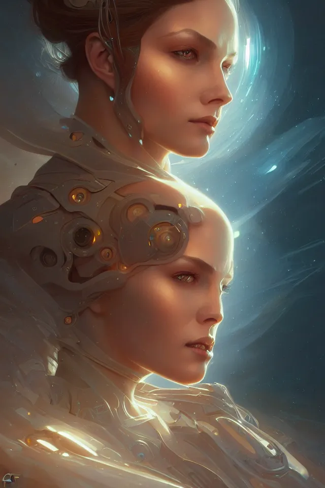 Image similar to futuristic woman portrait, sci-fi, amber eyes, face, long hair, fantasy, intricate, elegant, highly detailed, digital painting, artstation, concept art, smooth, sharp focus, illustration, art by artgerm and greg rutkowski and alphonse mucha