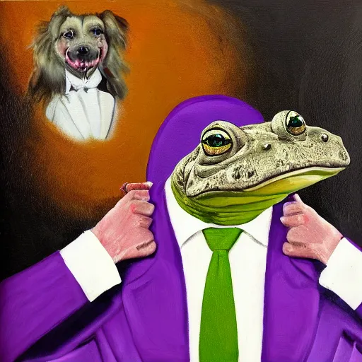 Image similar to Portrait of a psychotic crossbreed between a rabid dog and a toad, in a purple suit, oil painting