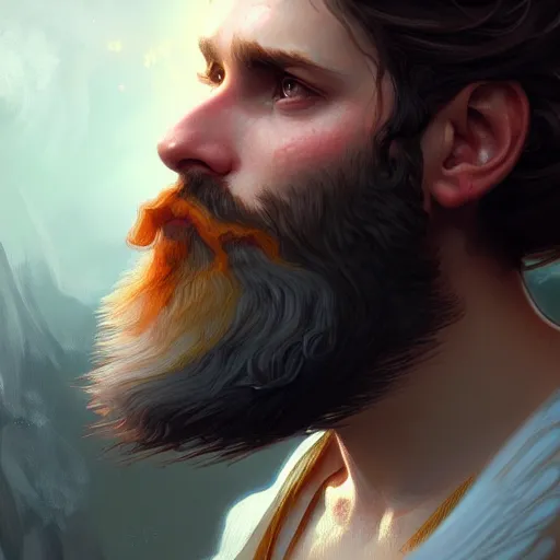 Prompt: a baby with a majestic beard, closeup, D&D, fantasy, intricate, elegant, highly detailed, digital painting, artstation, concept art, matte, sharp focus, illustration, art by Artgerm and Greg Rutkowski and Alphonse Mucha