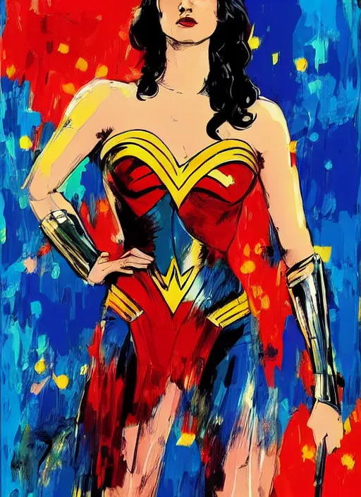 Prompt: portrait of katie mcgrath as wonder woman by ashley wood, yoji shinkawa, jamie hewlett, 6 0's french movie poster, french impressionism, vivid colors, palette knife and brush strokes