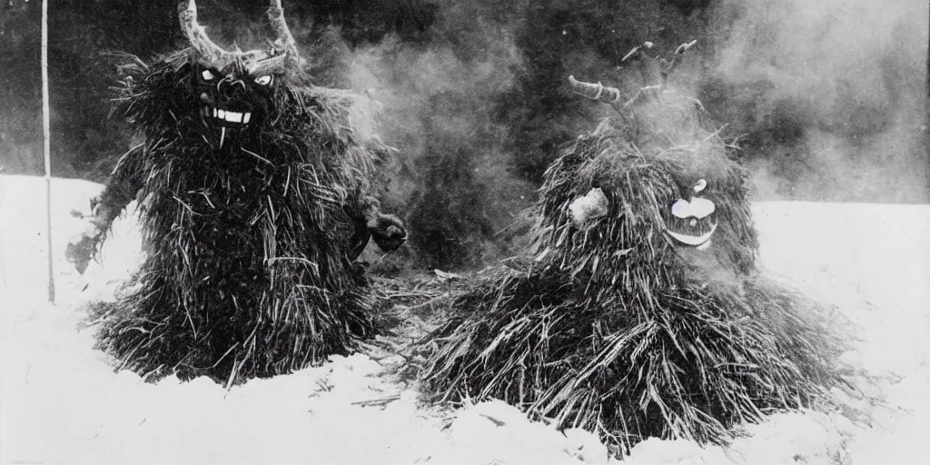 Image similar to 1 9 2 0 s photography of krampus hay monster burning on a pyre, submerged in snow