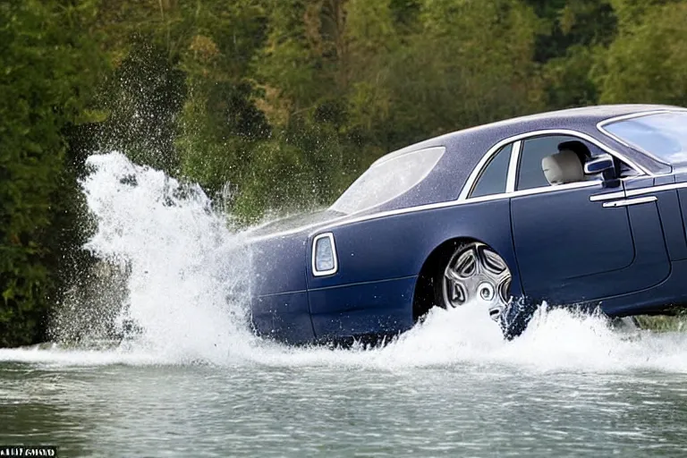 Image similar to Group of teenagers push Rolls-Royce into lake with their hands from a small slide wanting to drown him