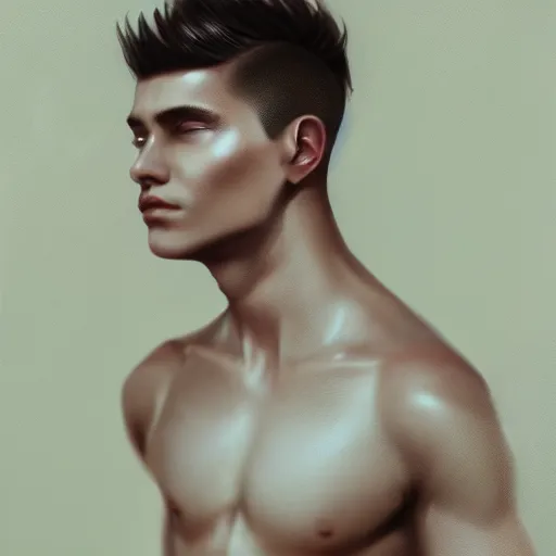 Prompt: ethereal aesthetic painting of a beautiful man with tan skin and short dark hair, clean shaven, scar on temple, angelic, 4k, trending on artstation