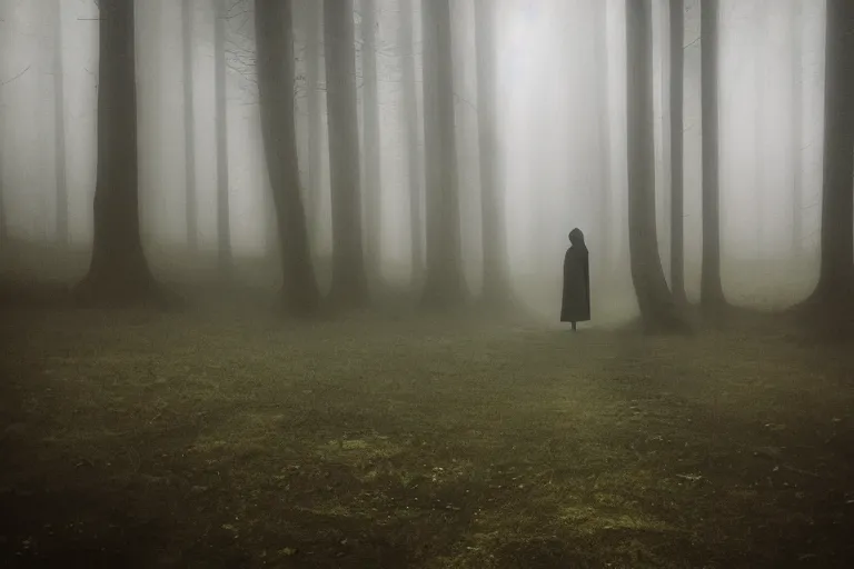 Prompt: a close shot of a grim reaper standing in a forest, detailed, style of flooko, mythical, mist, depressing, tired, dark, lush, nature, mist, mystery, glows, somber, dismal, fog, heavy fog, dark lighting, rim light, glow, ambient light, cybernetic, sci-fi,