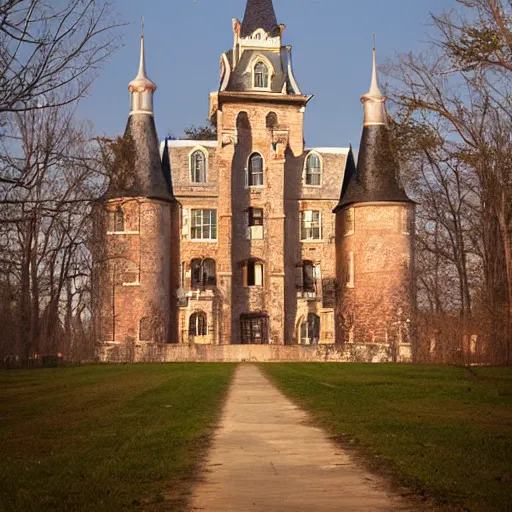 Image similar to an award winning photo by william christenberry of a majestic, highly detailed beautiful very tall castle in the middle of an empty city, light rays, rayleigh scattering