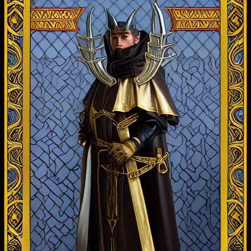 Prompt: an extremely detailed tarot card of a horned demon christian cleric, tiefling from d & d, fantasy, dressed in mithril plate armor that looks like a catholic priest's cassock, neoclassical architecture, 4 k, artstation, detailed, realistic, by alphonse mucha and greg rutkowski