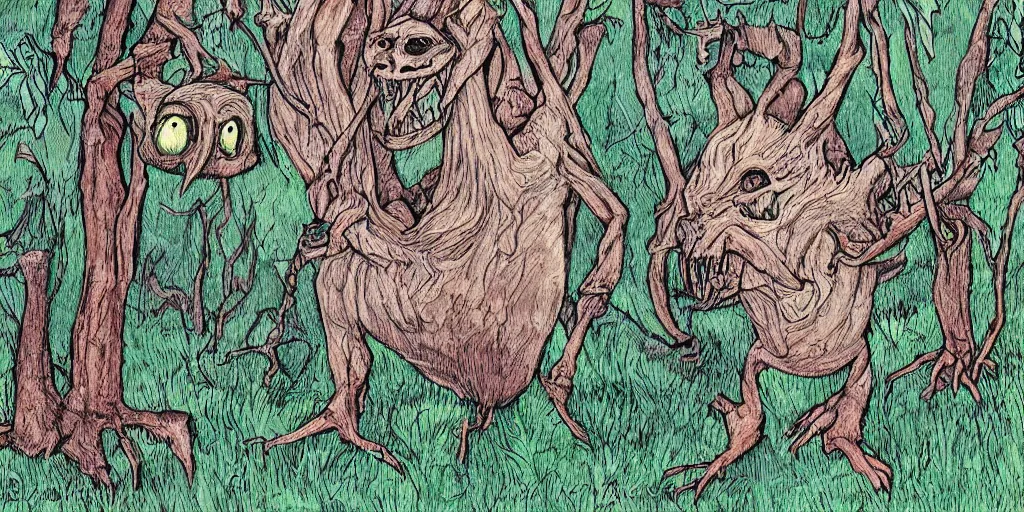 Prompt: detailed illustration, “A terrifying and evil creature found in the Australian bush in the style of May Gibbs”,