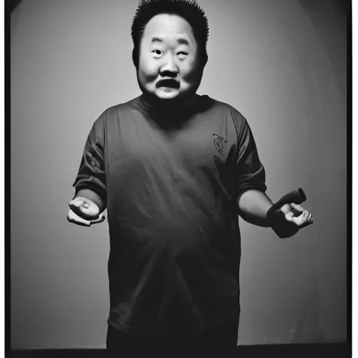 Image similar to photo portrait of comedian bobby lee, black and white, Kodak Ultra F9, 35mm