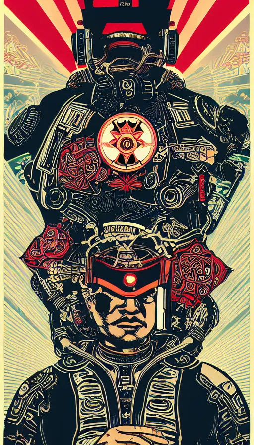 Image similar to !dream Illustrated by Shepard Fairey and H.R. Geiger | Cyberpunk Samurai with VR helmet, surrounded by cables