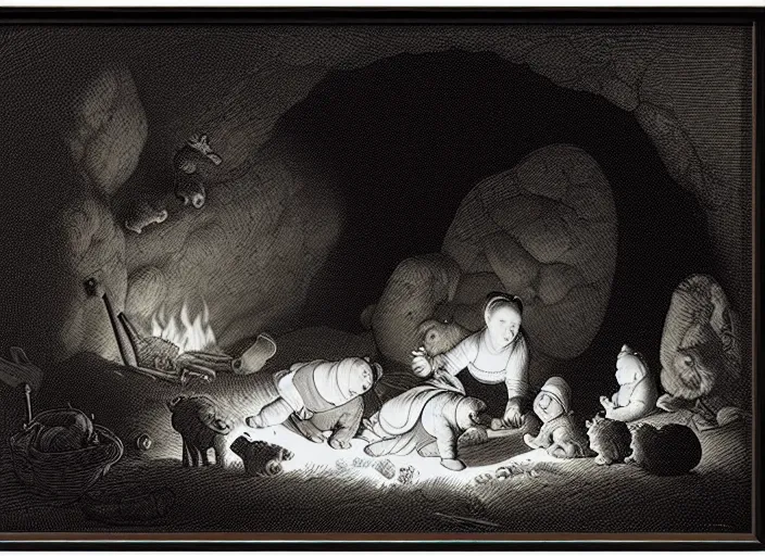 Image similar to Pieter Claesz's 'bear and her cubs sleeping in a dark cave lit by campfire', night time, cross hatching, framed