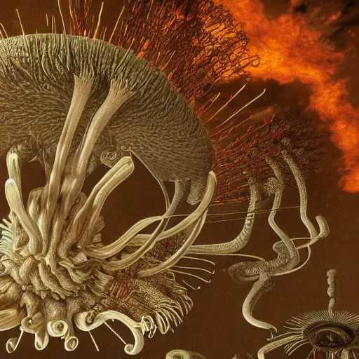 Prompt: a giant protozoa made by ernst haeckel is attacking a city on fire :: from starcraft, cinematic, dramatic, hyper realistic render from unreal engine 4 by Artemisia Gentileschi