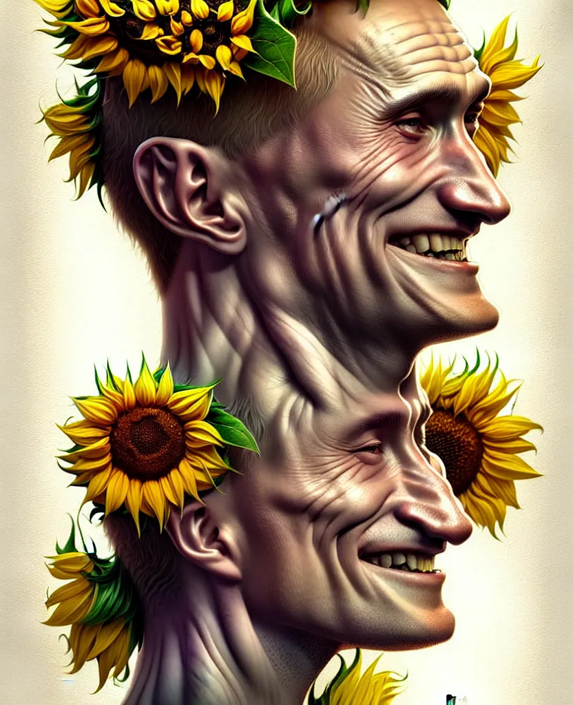 Image similar to digital art, centered full body of young any old Putin smiling king, Sunflower crown, ,intricate, veins, by James Jean and by artgerm , by ross tran ultradetailed, charachter design, concept art, trending on artstation,