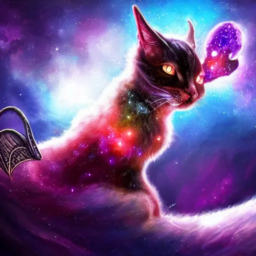 Image similar to a highly detailed galaxy cat with horns and wings in space , trending on artstation, digital art, 4k, hyper realism, high detail, cinematic, cinematic lighting, high detail, realistic, fantasy, by KanizoArt