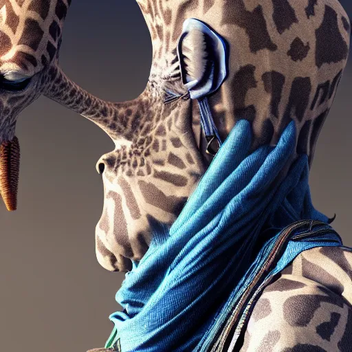 Image similar to a highly detailed portrait of a humanoid giraffe in a blue cloak, close - up, adventurer, artstation, deviantart, professional, unreal engine 5, octane render,