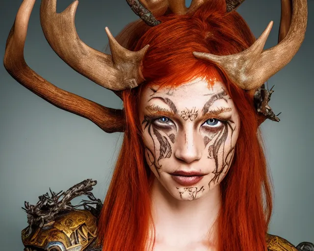 Prompt: 5 5 mm portrait photo of an armored gorgeous anesthetic redhead woman warrior with a face tattoo and antlers growing from her head, in a magical forest in the style of stefan kostic, art by luis royo. highly detailed 8 k. intricate. lifelike. soft light. nikon d 8 5 0. cinematic post - processing