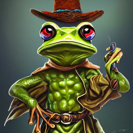 Image similar to A professional portrait of a frog wizard, painted in the style Arcane, 4k, traditional art, trending on artstation, highly detailed, full body shot, wide depth of field, professional lighting, airbrush