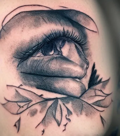 Image similar to tattoo design sketch of a beautiful blue - eyed woman face with a faded background of beautiful mountains and nature on her side, hyper - realistic, in the style of den yakovlev, amazing detail, black and white
