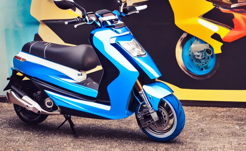 Prompt: photo of a concept sport maxi scooter, blue paintjob, tuning award, racing appearance, high powered engine, racing exhaust, golden hour, colorful rims, 8 5 mm, f / 1. 3