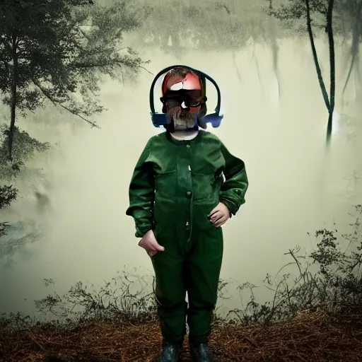 Image similar to thin little girl in a swamp wearing old gas mask. Water to her knees. Bayou. Dark Green forest. Late night. Cloudy. Foggy. Fireflies fly around