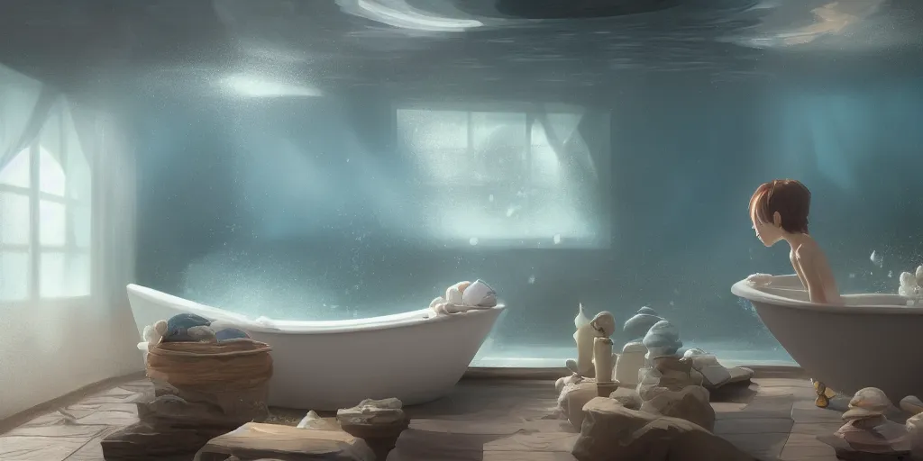 Prompt: an ocean in the bathtub, detailed oil painting, cinematic angle, hyperrealistic, breathtaking, volumetric lighting, cinematic lighting, dynamic, Studio Ghibli, digital art, octane render, epic composition, trending on artstation, masterpiece