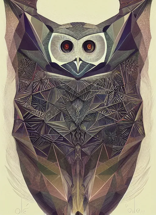 Image similar to portrait of a geometric owl, identical eyes, medium shot, illustration, full body made of white feathers, symmetrical, art stand, super detailed, cinematic lighting, and its detailed and intricate, gorgeous, by peter mohrbacher