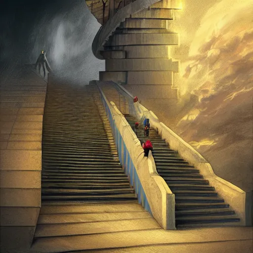 Prompt: stairs connecting heaven and hell , concept art trending on artstation, glowing effect, golden ratio, rule of thirds, illustration, digital painting, hyperreal, hyperdetailed, 8k