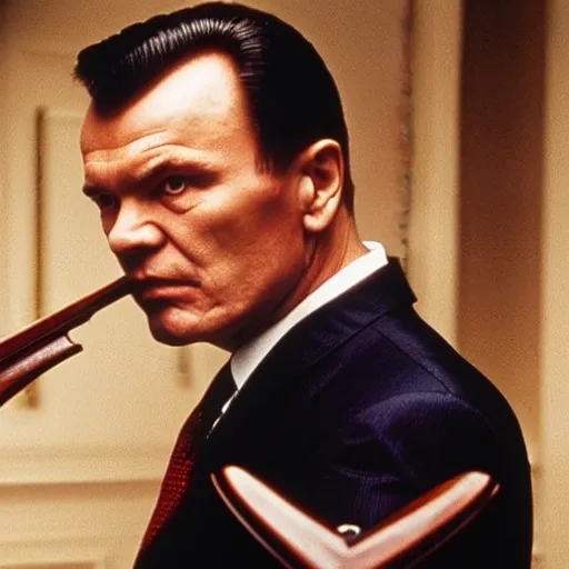 Prompt: Viktor Yanukovych holding a shotgun as the American Psycho, cinematic still