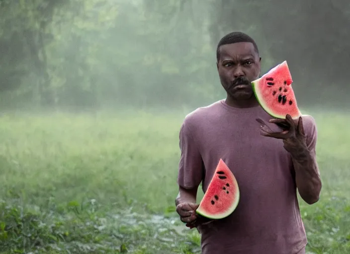 Prompt: film still of a man with a watermelon for a head in the new horror movie, 4 k