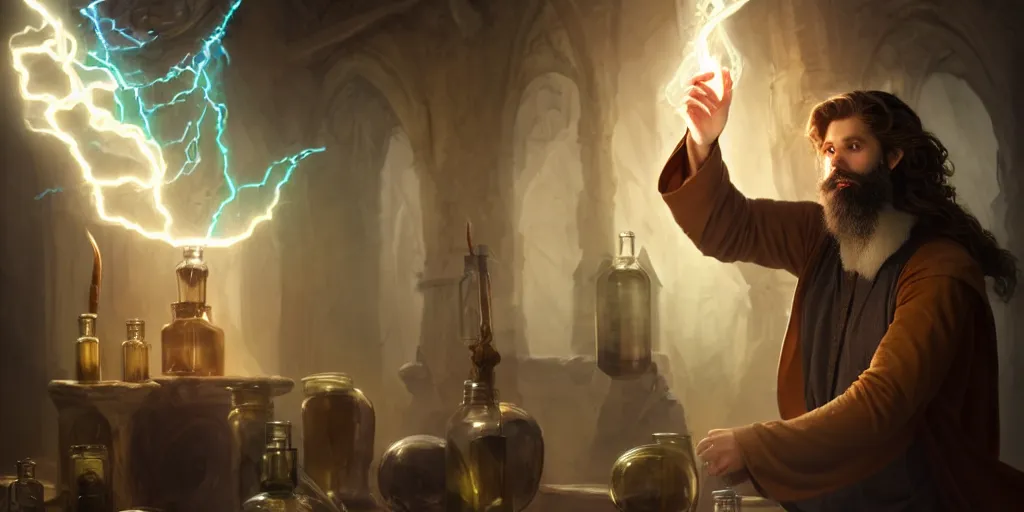 Prompt: a handsome bearded caucasian male sorcerer with brown hair he is casting a spell with flowing energy, he is in a alchemist lab filled with beakers and equipment, neutral pose, epic composition, 4 k, light rays, super coherent, by dave melvin 2. 0 | dan luvisi 1. 0 | greg rutkowski 0. 5