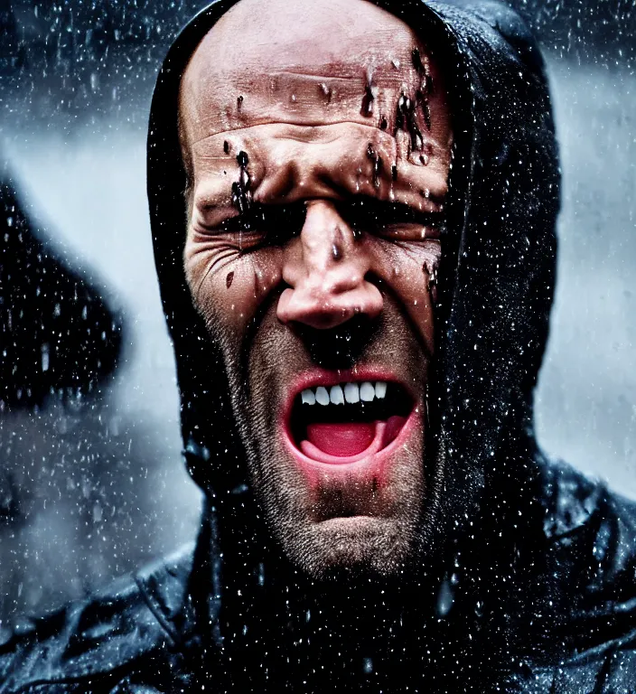 Image similar to cinematic still of jason statham as batman, close up, screaming in pain, dramatic rain, 8 k