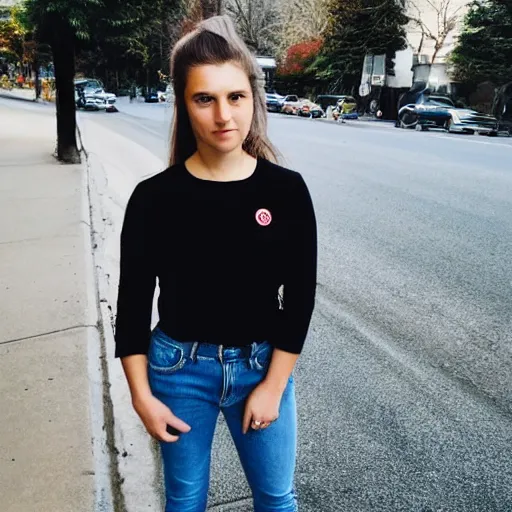 Image similar to iPhone portrait of an 20-something Canadian dressed in, light brown hair, green eyes, wearing a vintage black tshirt and jeans, pony tail, girl next door innocent look, on a sidewalk of Vancouver