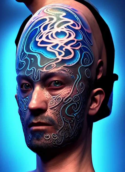 Image similar to 3 d shaman with tattoos profile portrait, sigma 5 0 0 mm f / 5. beautiful intricate highly detailed. bioluminescent, plasma, frost, water, wind, creature, gradient background, thunderstorm! artwork by tooth wu and wlop and beeple and greg rutkowski, 8 k trending on artstation,