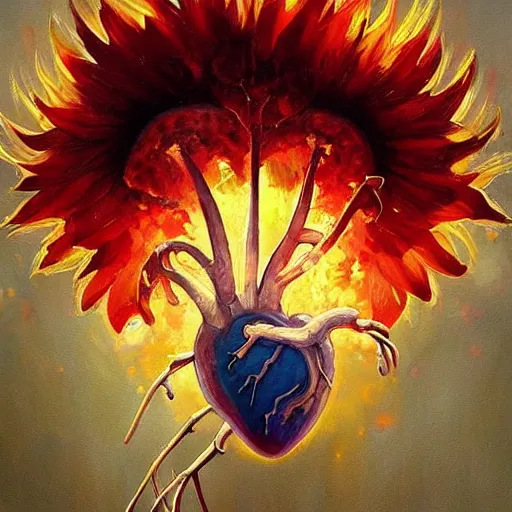 Image similar to a beautiful painting by Grzegorz greg rutkowski of an anatomically correct heart bursting out of an anatomically correct skeletal rib-cage and exploding into rainbows and sunflowers, trending on artstation hq