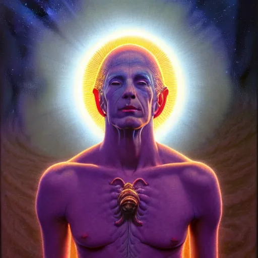 Prompt: cinematic portrait of a cosmic spirit, only head and chest, intricate, desaturated, Tim Hildebrandt, Wayne Barlowe, Bruce Pennington, donato giancola, larry elmore, maxfield parrish, Moebius, Thomas Ehretsmann, oil on canvas, gouache painting, masterpiece, trending on artstation, cinematic composition, dramatic pose, volumetric lighting, sharp, details, hyper-detailed, HD, 4K, 8K