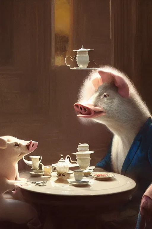 Prompt: a mallard and a pig having tea at the ritz, anatomy, bathed in light, highly detailed, photorealistic, artstation, smooth, sharp focus, illustration, unreal engine 5, 8 k, art by artgerm and greg rutkowski and edgar maxence